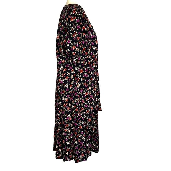 Vintage 90s Floral Rayon Dress Black Button Front Midi Sz 16 - Picture 3 of 10